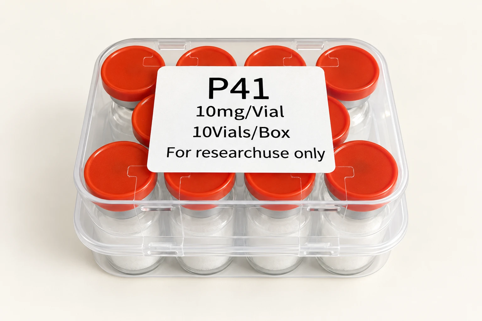 Studio mockup of a clear ten-vial case with orange caps and a P41 label.